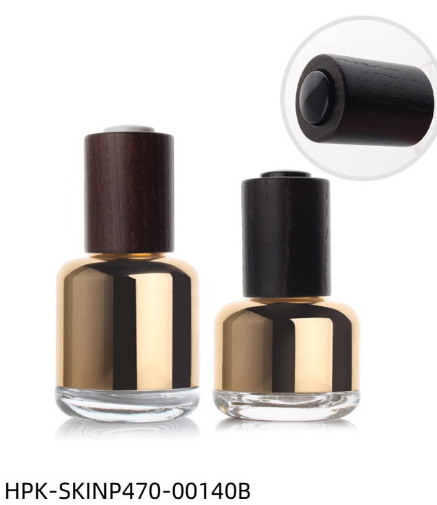 Metalized Glass Bottle with Wood Push-button Pipette Cap